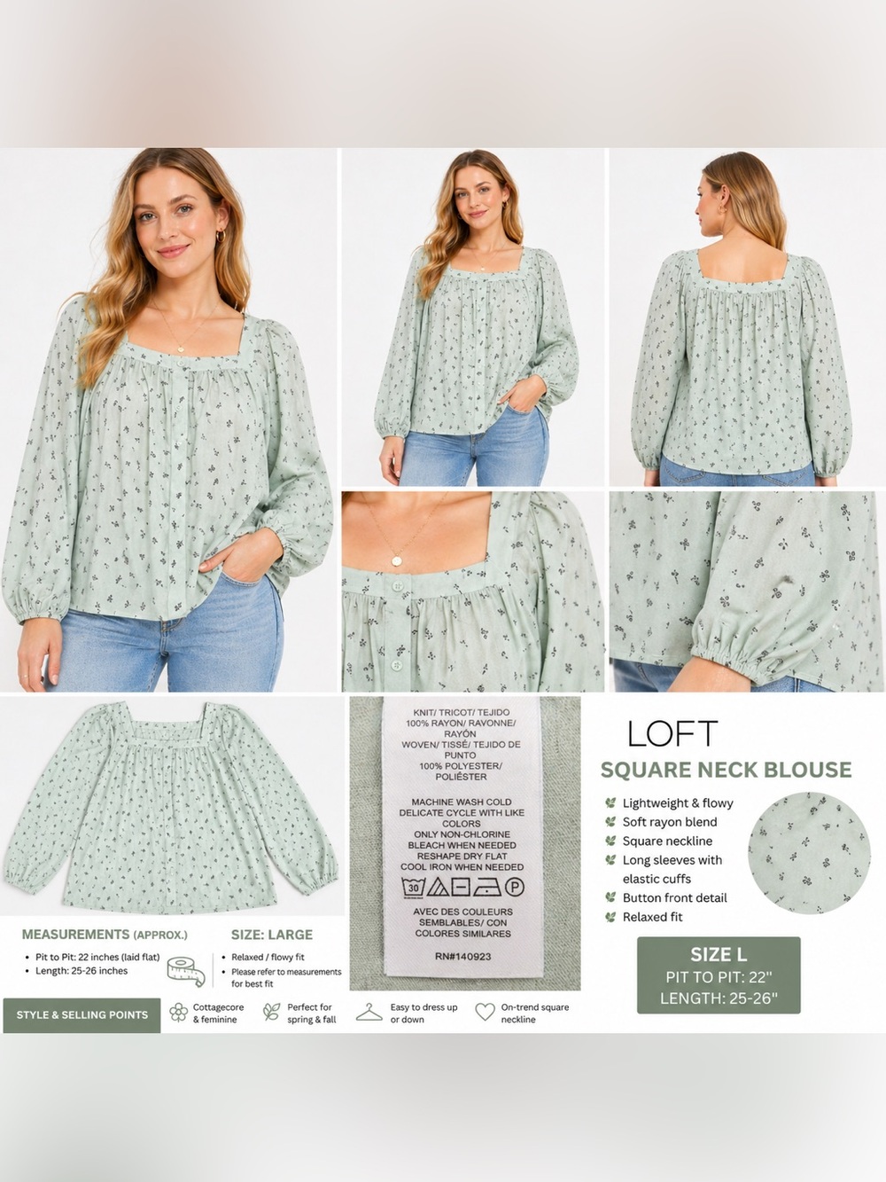 LOFT‎ Sage Green Floral Square Neck Blouse Long Sleeve Cottagecore Top Size L